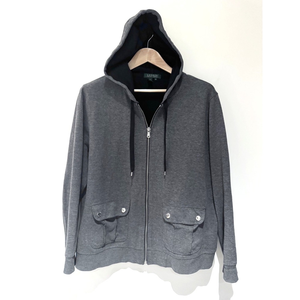 Lauren Ralph Lauren Button Pocket Grey Full Zip Hoodie Women's Sz 2X Oversized